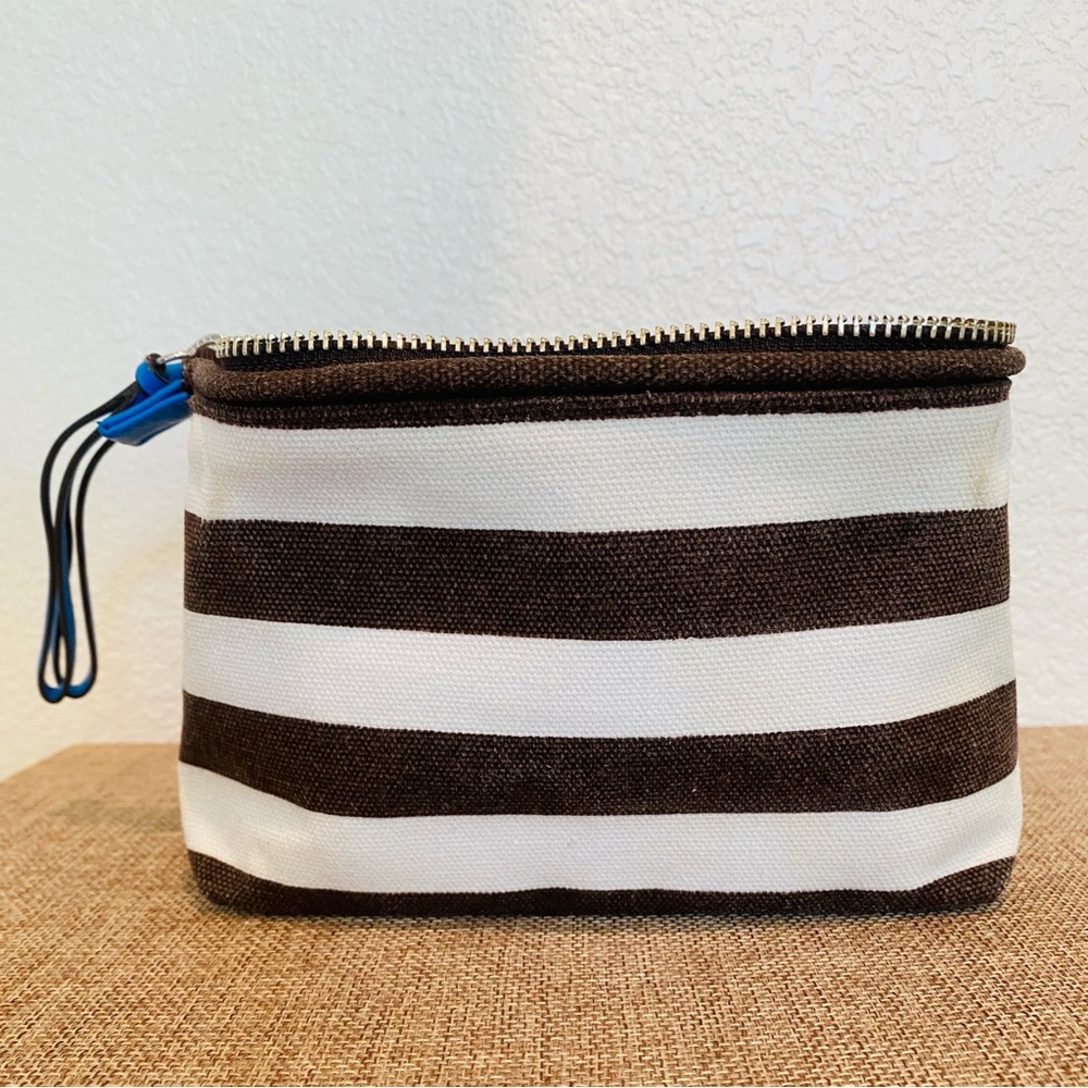 Henri Bendel Brown and White Striped Canvas Dopp Kit Makeup Bag - Picture 3 of 9